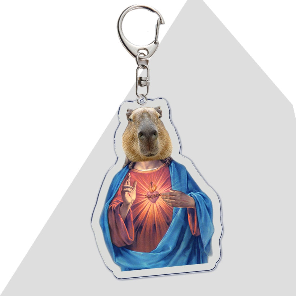 Capybara the Giant Friendly Rodent Engraved Wood Square Keychain Tag Charm