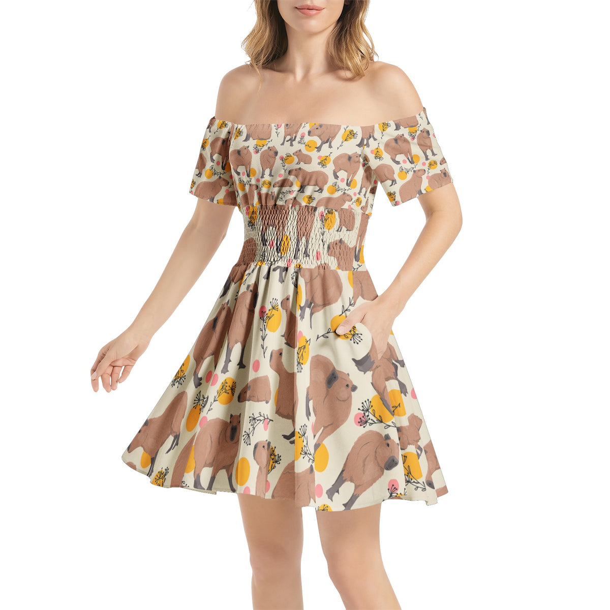 Floral Capy -Off Shoulder Shirred Waist Flared Mini Dress
