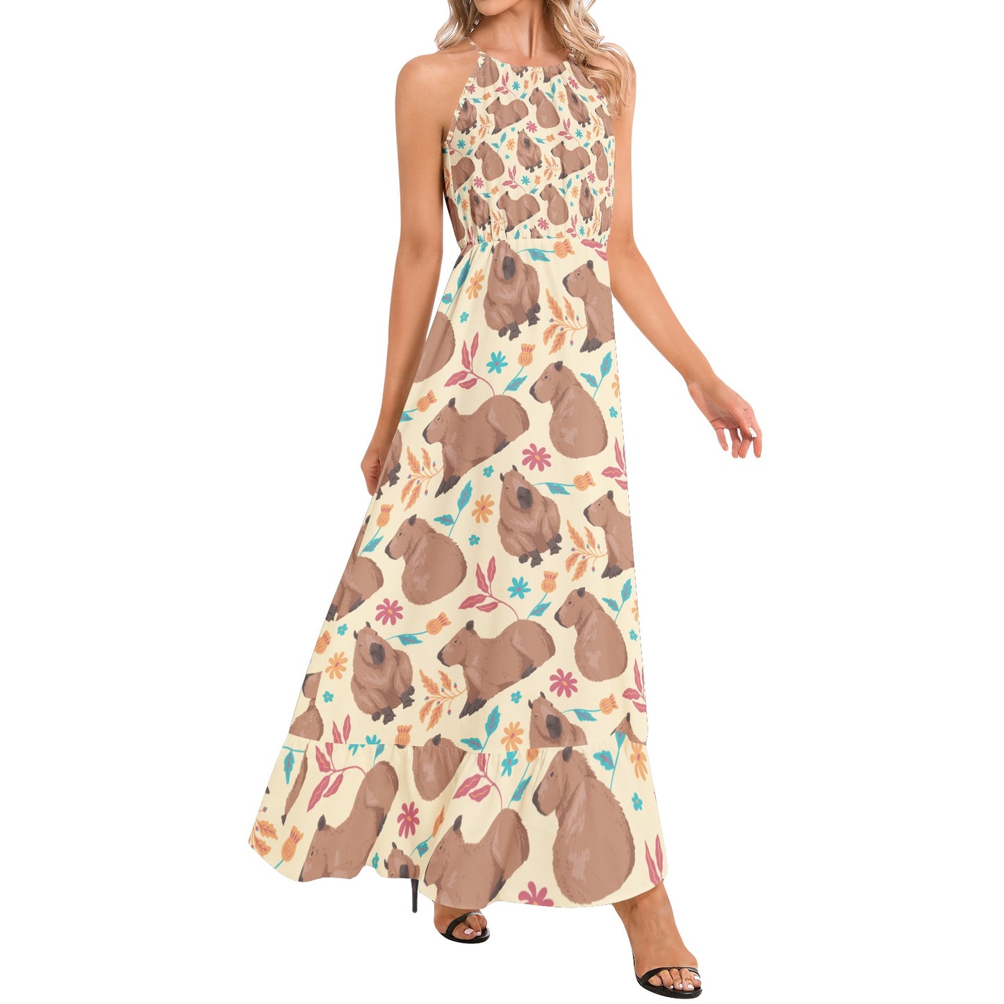 Capybara and Flower - Ruffle Hem Halter Neck Maxi Dress